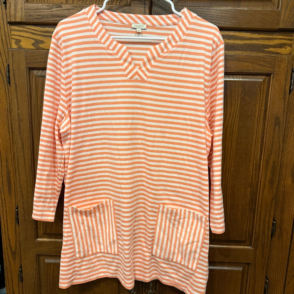 Talbots Tunic Long Top Blouse 2X Orange White Stripe Nautical Beach Casual